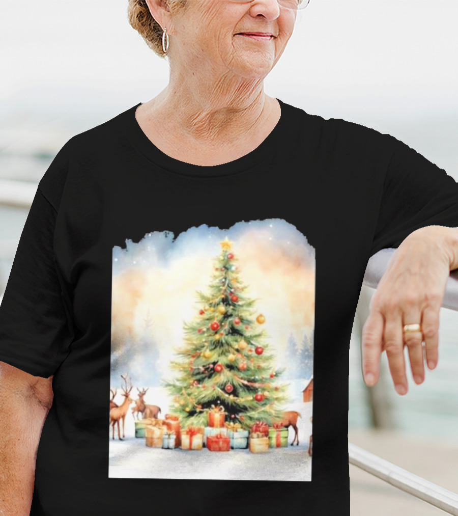 Watercolor Christmas Tree With Reindeer And Presents Scene T-Shirt
