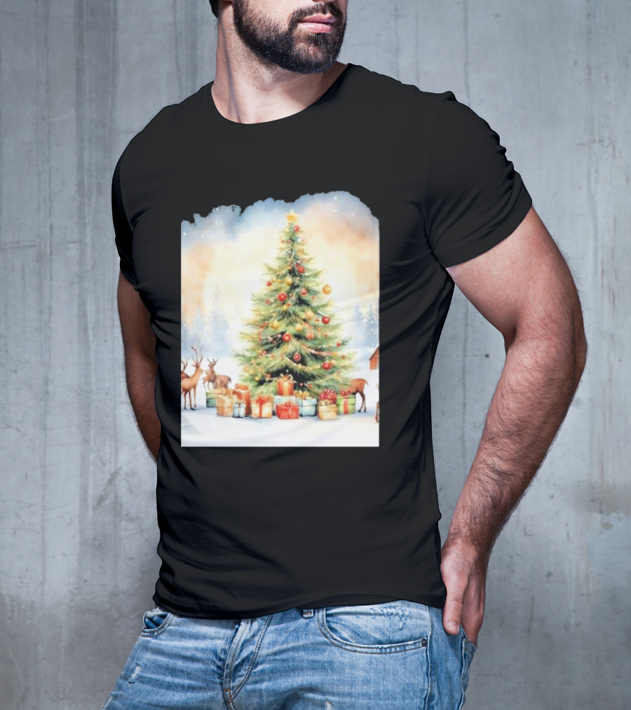 Watercolor Christmas Tree With Reindeer And Presents Scene T-Shirt