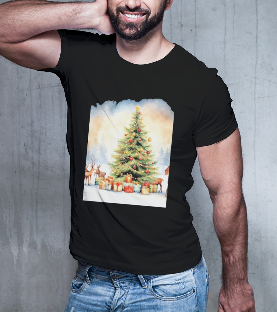 Watercolor Christmas Tree With Reindeer And Presents Scene T-Shirt