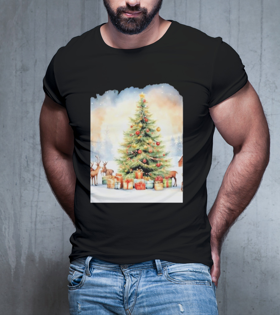 Watercolor Christmas Tree With Reindeer And Presents Scene T-Shirt