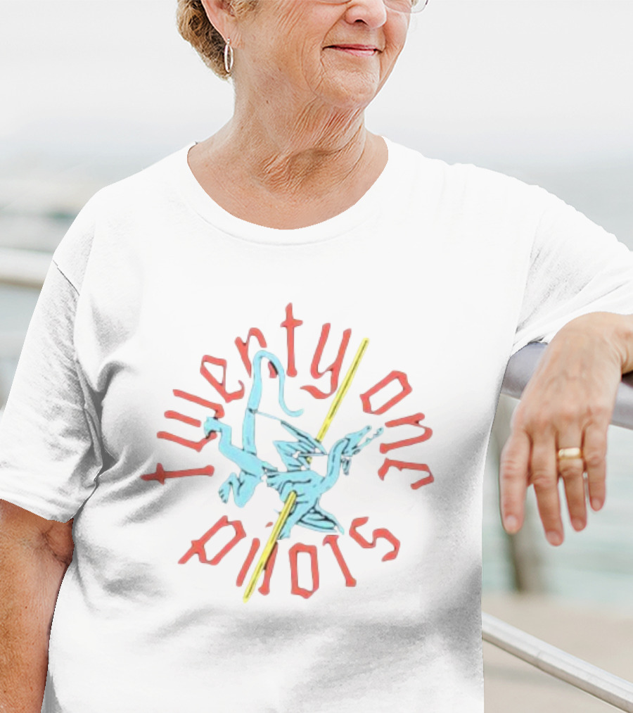 Twenty One Pilots Stylized Angled Text With Dagger And Griffon-Like Creature T-Shirt