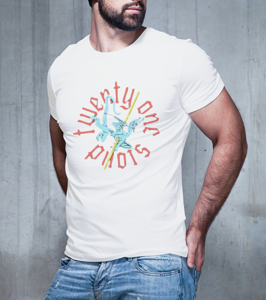 Twenty One Pilots Stylized Angled Text With Dagger And Griffon-Like Creature T-Shirt