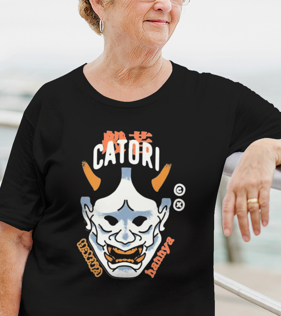 Catori Hannya Mask Face Copyright Symbol Orange Horns T-Shirt