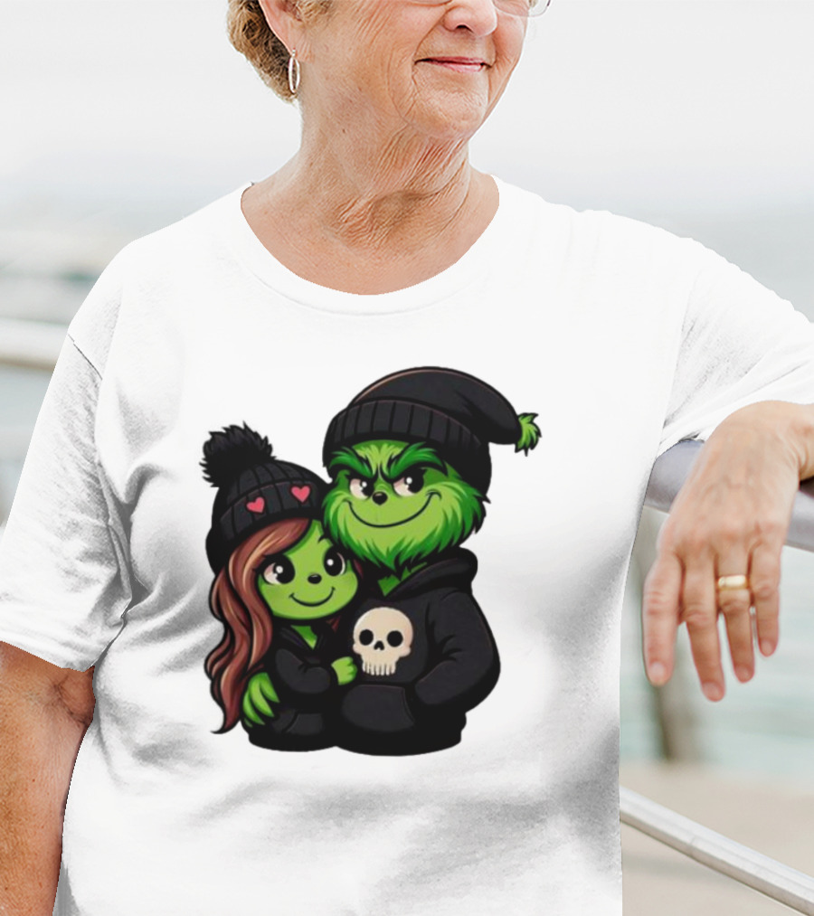 Cute Grinch And Girlfriend In Black Beanies With Skull Hoodie And Heart Details T-Shirt