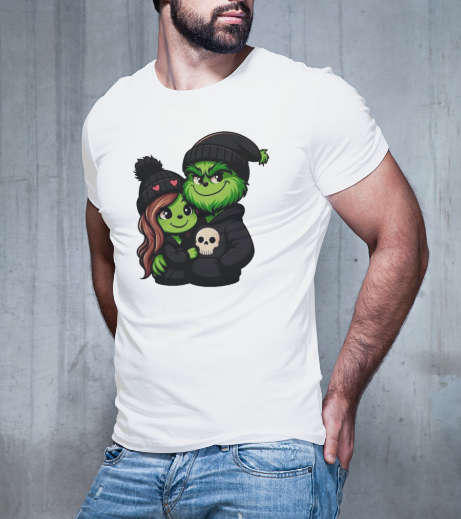 Cute Grinch And Girlfriend In Black Beanies With Skull Hoodie And Heart Details T-Shirt