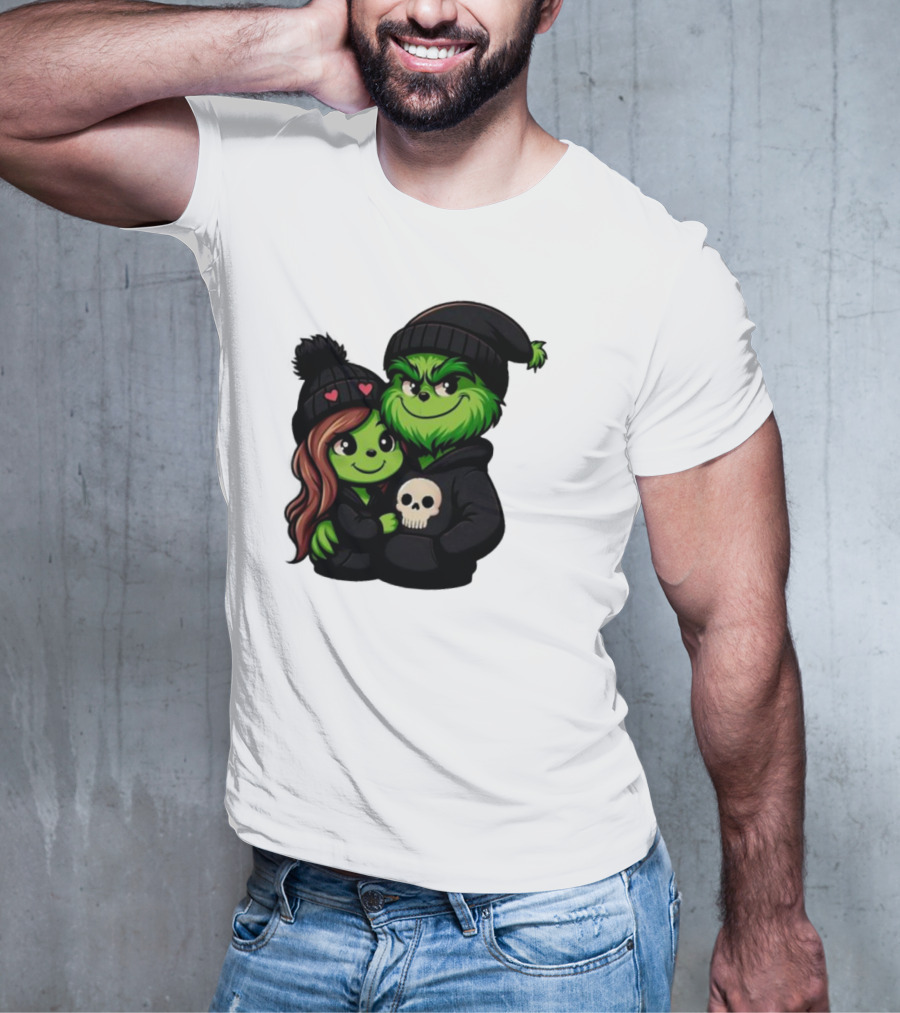 Cute Grinch And Girlfriend In Black Beanies With Skull Hoodie And Heart Details T-Shirt