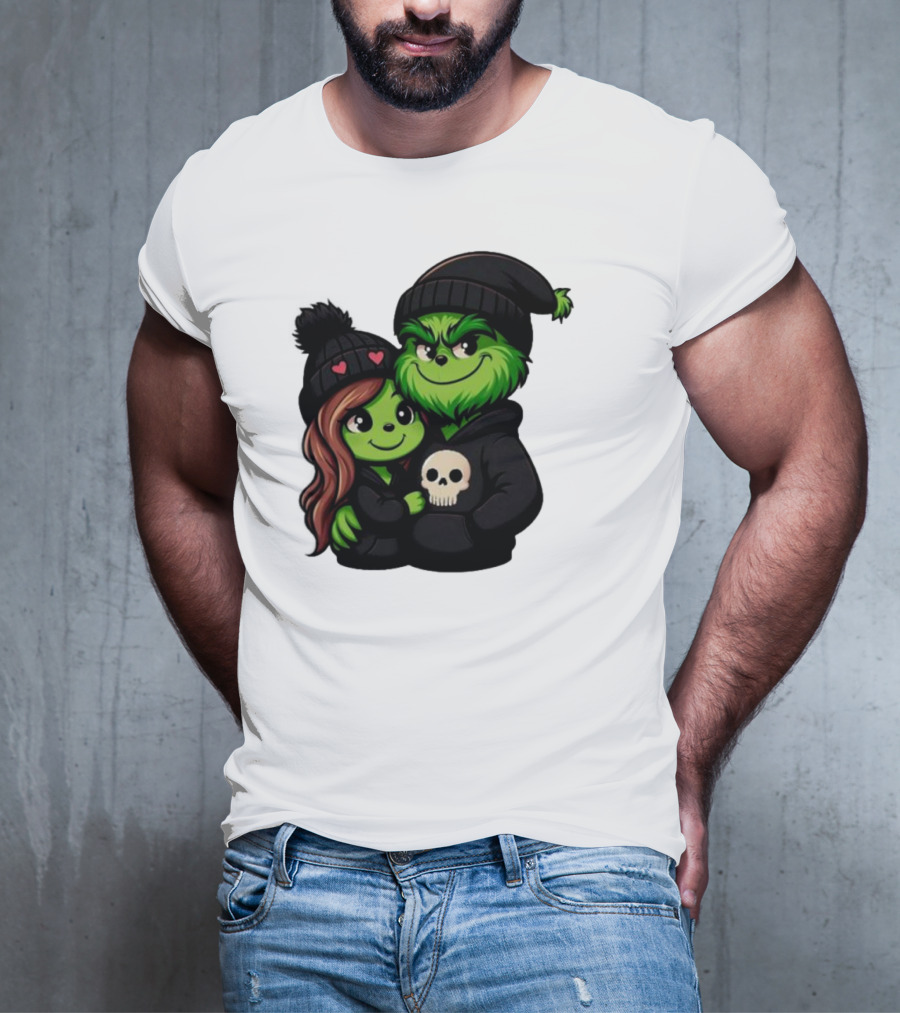 Cute Grinch And Girlfriend In Black Beanies With Skull Hoodie And Heart Details T-Shirt