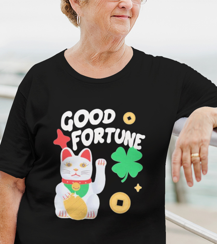 Good Fortune Cat With Clover And Coins T-Shirt