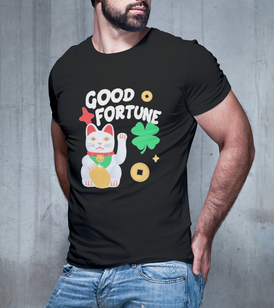 Good Fortune Cat With Clover And Coins T-Shirt