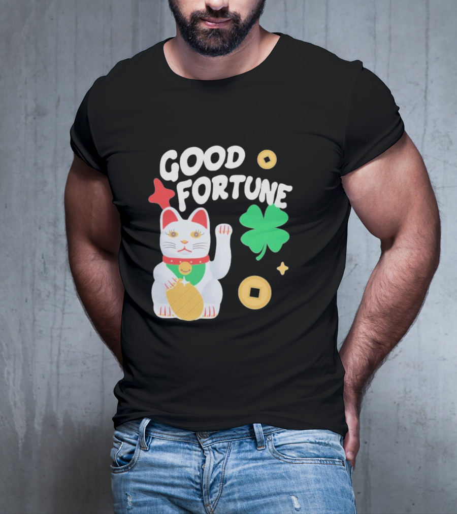 Good Fortune Cat With Clover And Coins T-Shirt
