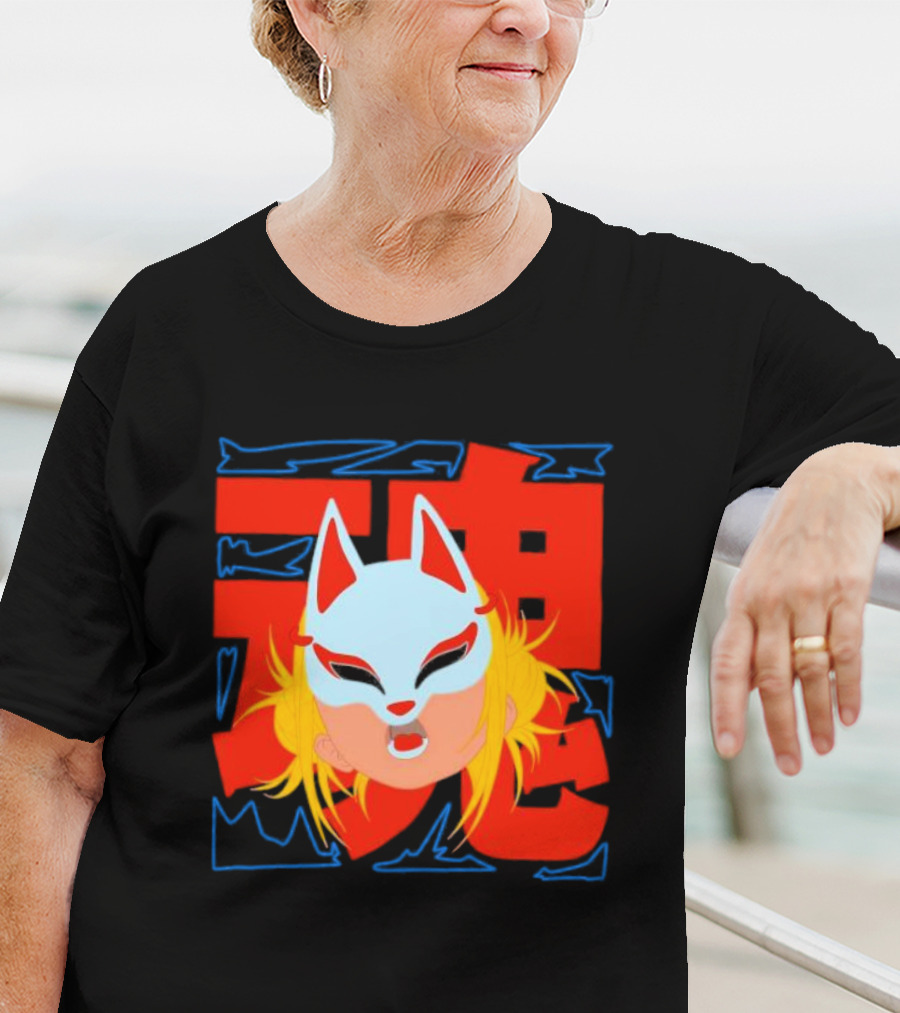 Kitsune Catori Mask With Red Kanji And Blond Hair T-Shirt
