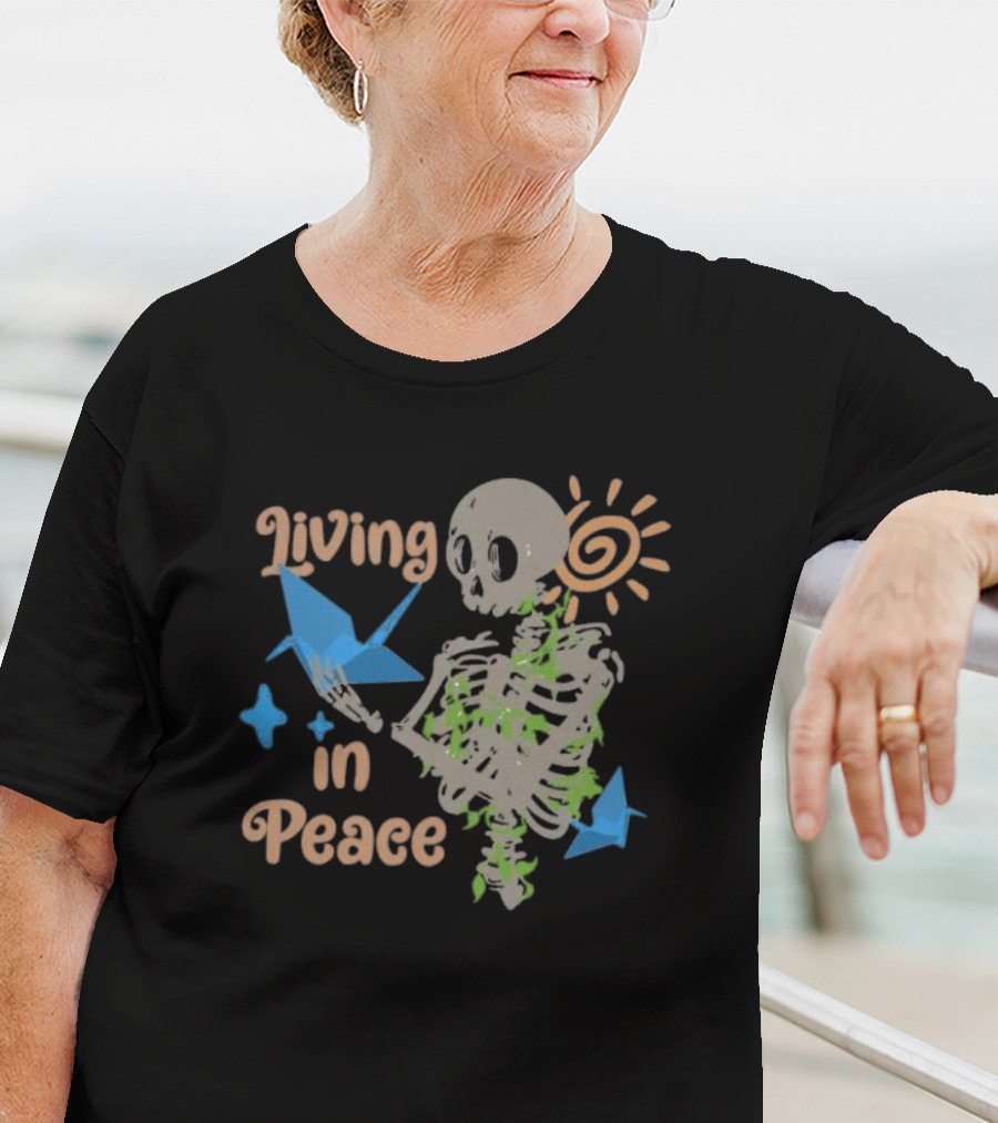 Living In Peace Skeleton Sun Origami Birds T-Shirt