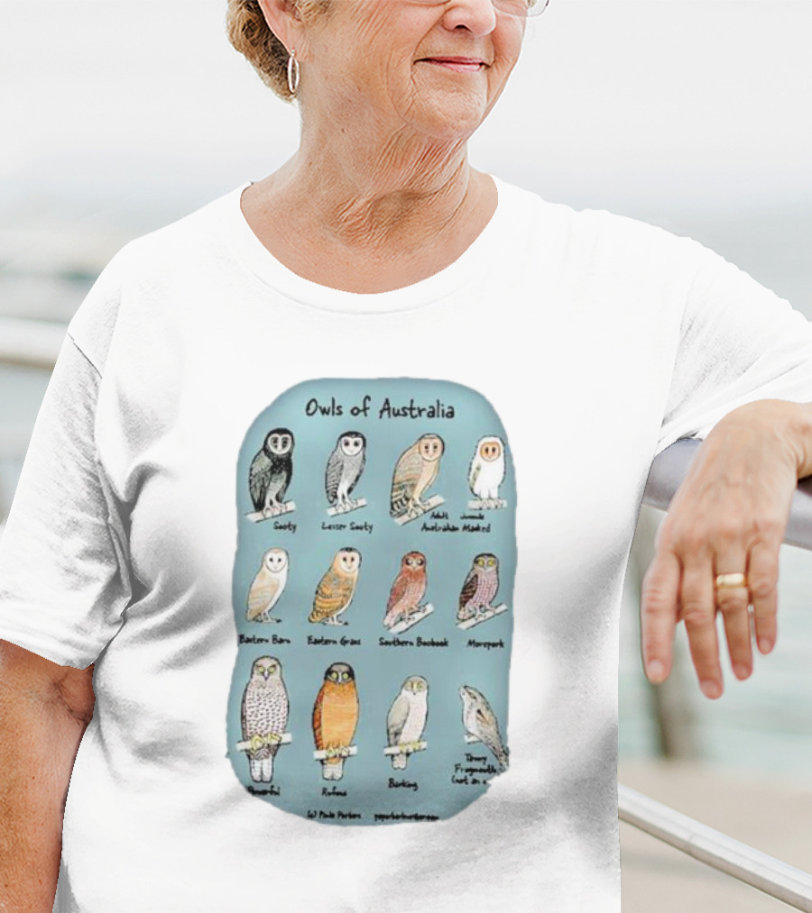 Owls Of Australia Illustrated Guide Featuring Sooty Lesser Sooty Australian Masked Eastern Barn Eastern Grass Southern Boobook Powerful Rufous Barking Barn Owl By Pete Pascoe T-Shirt
