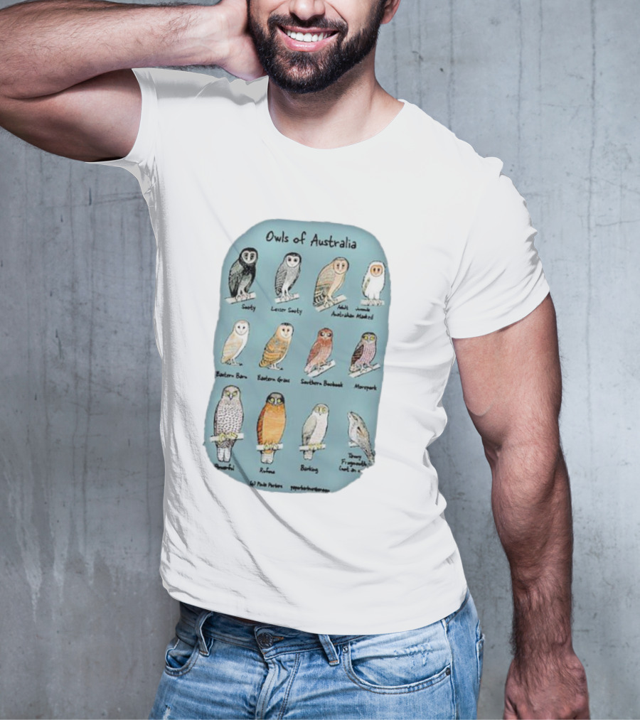 Owls Of Australia Illustrated Guide Featuring Sooty Lesser Sooty Australian Masked Eastern Barn Eastern Grass Southern Boobook Powerful Rufous Barking Barn Owl By Pete Pascoe T-Shirt