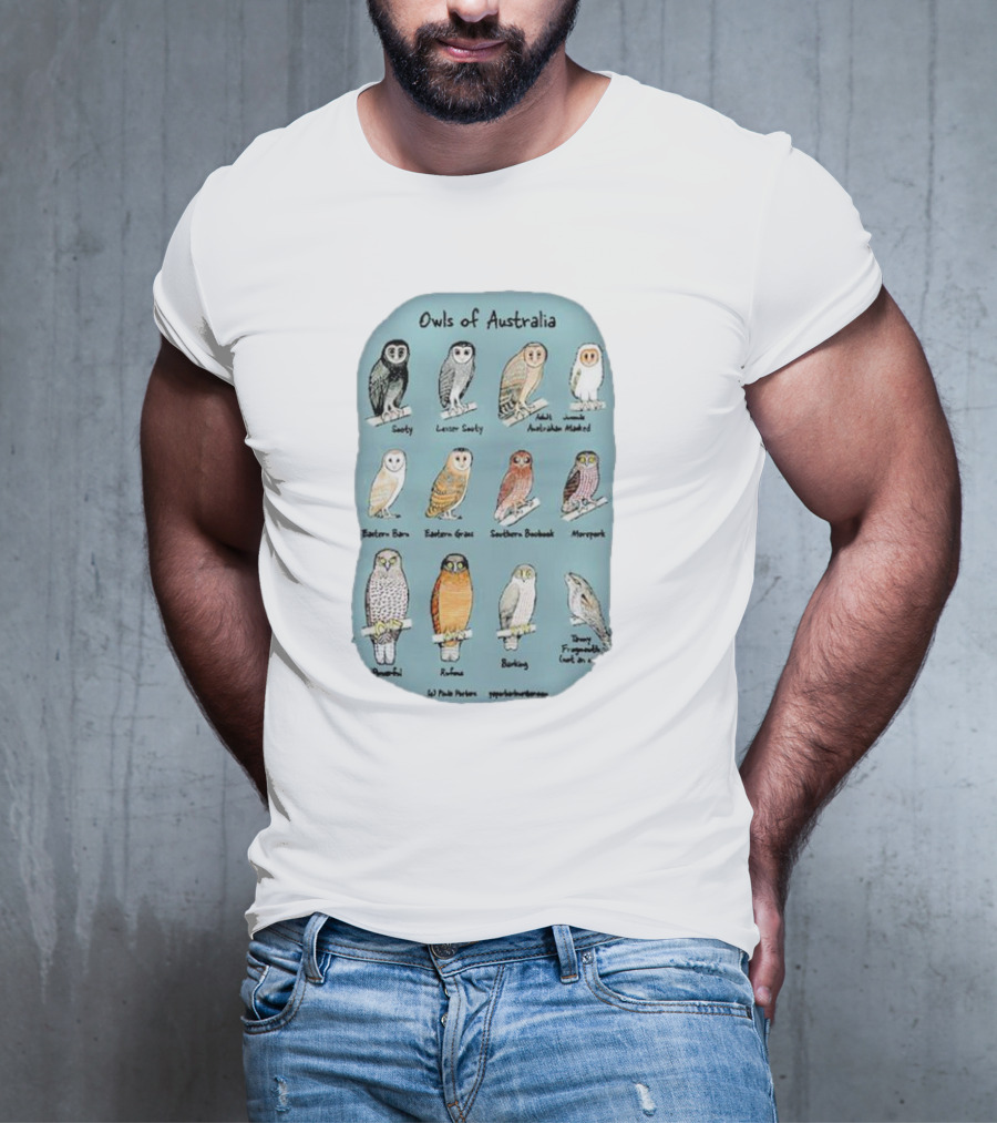 Owls Of Australia Illustrated Guide Featuring Sooty Lesser Sooty Australian Masked Eastern Barn Eastern Grass Southern Boobook Powerful Rufous Barking Barn Owl By Pete Pascoe T-Shirt