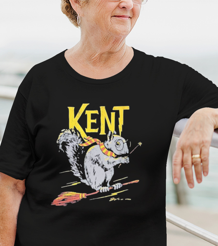Kent Wizardly Squirrel Riding Broomstick With Wand And Scarf T-Shirt