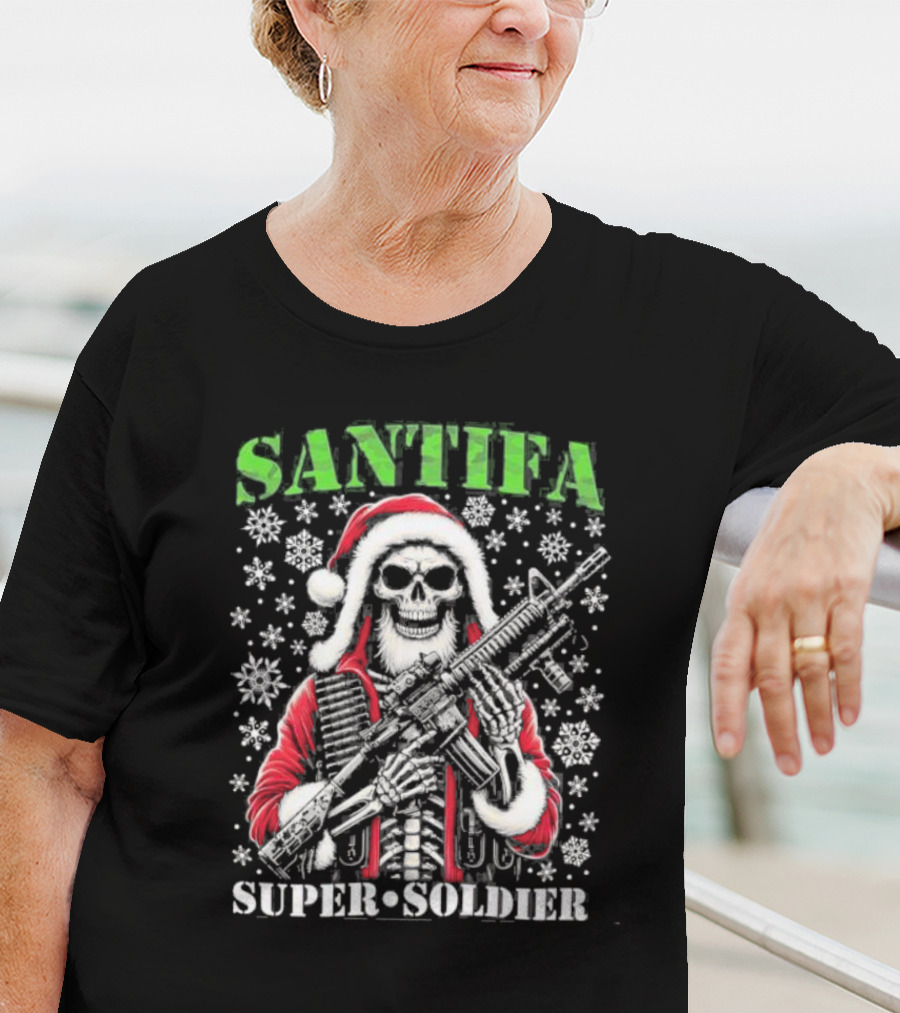 Santifa Super Soldier Skeleton Santa With Snowflakes And Rifle T-Shirt