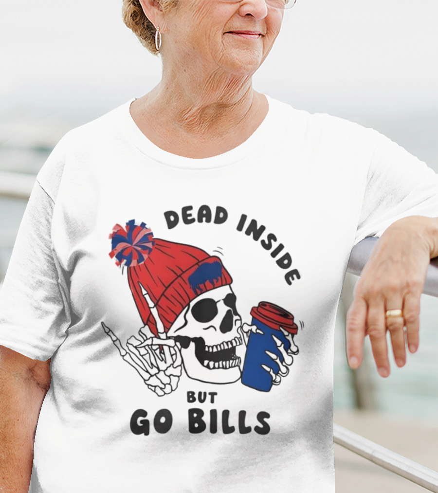 Dead Inside But Go Bills Skull Wearing Red Beanie Drinking Coffee T-Shirt