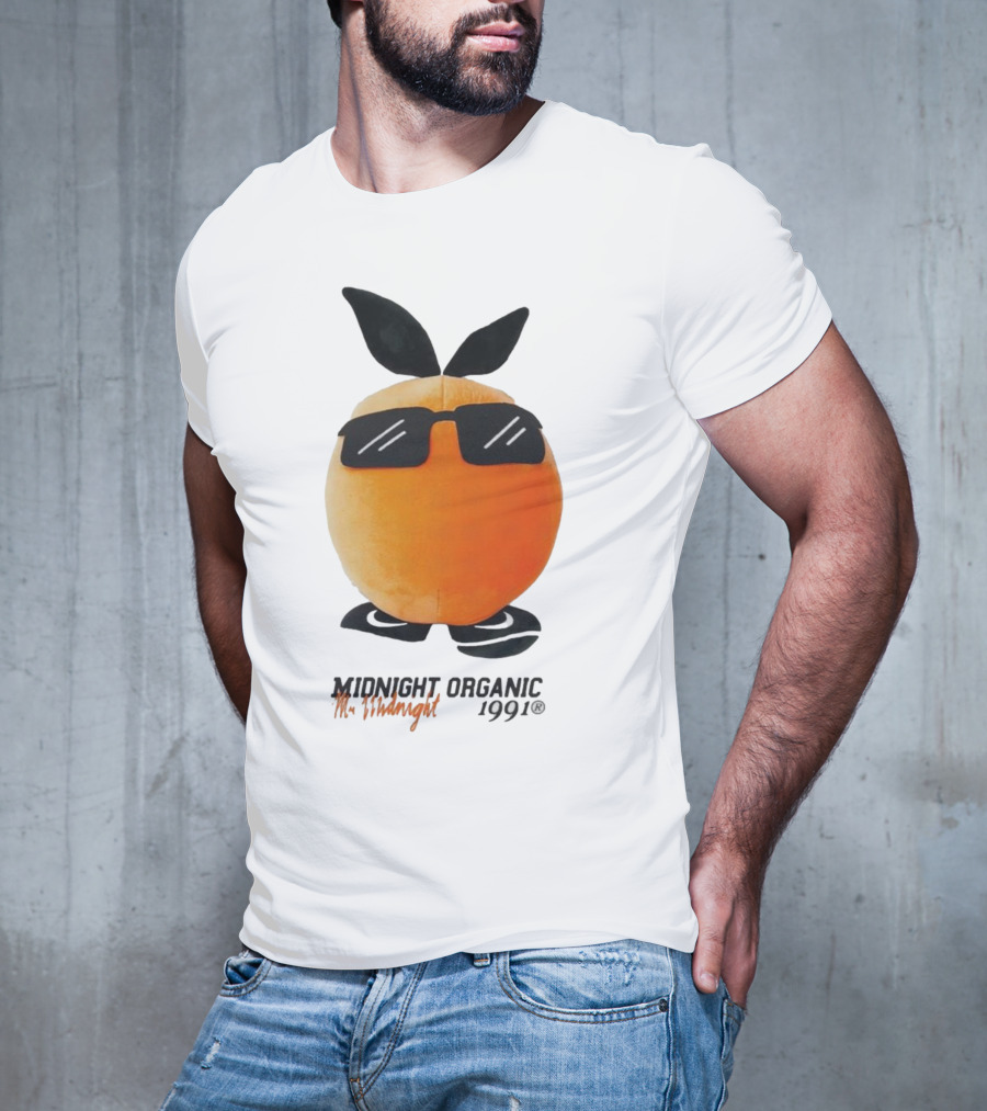Midnight Organic Mr. Midnight 1991 Orange Character With Sunglasses T-Shirt