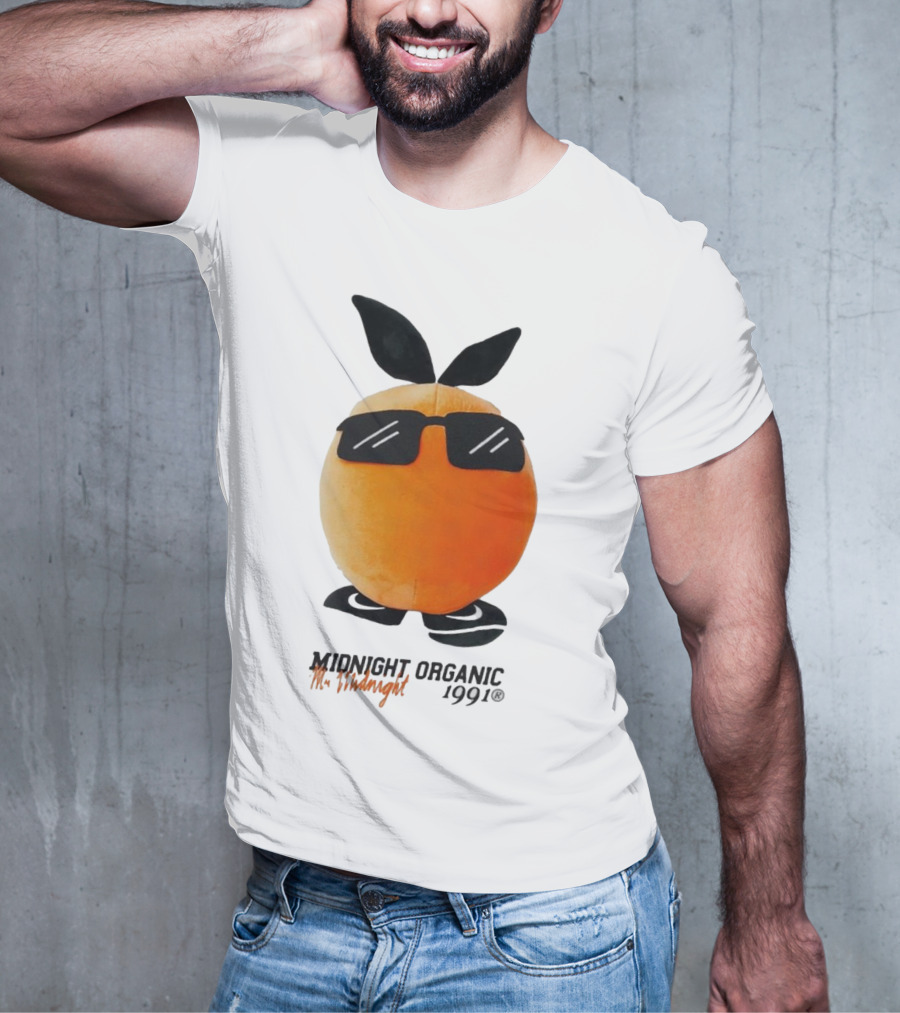 Midnight Organic Mr. Midnight 1991 Orange Character With Sunglasses T-Shirt