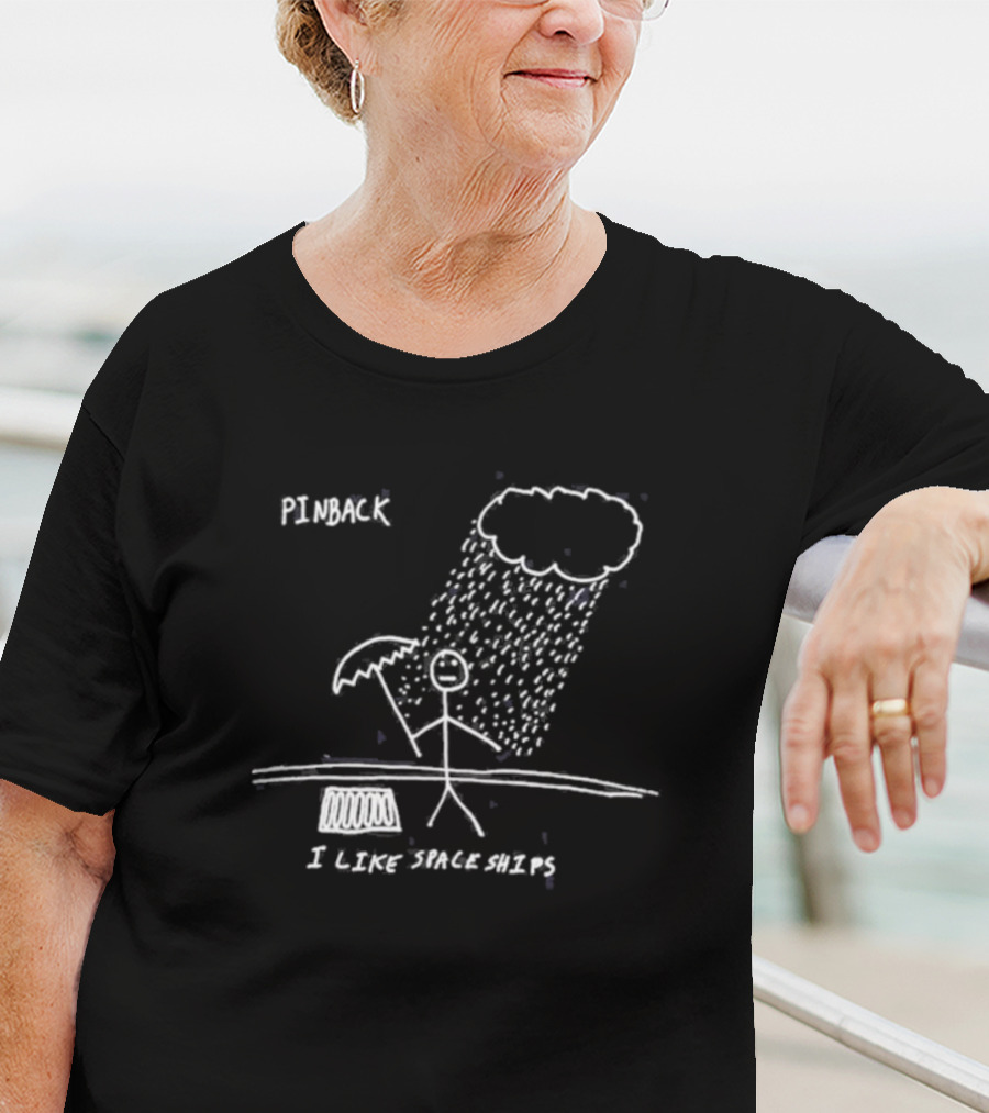 Pinback I Like Spaceships Stick Figure Standing In Rain With Umbrella T-Shirt