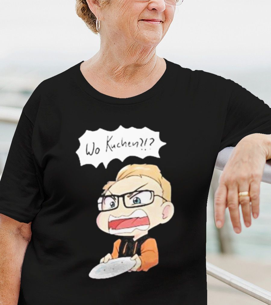Wo Kuchen?? Cartoon Character With Glasses And Empty Plate T-Shirt