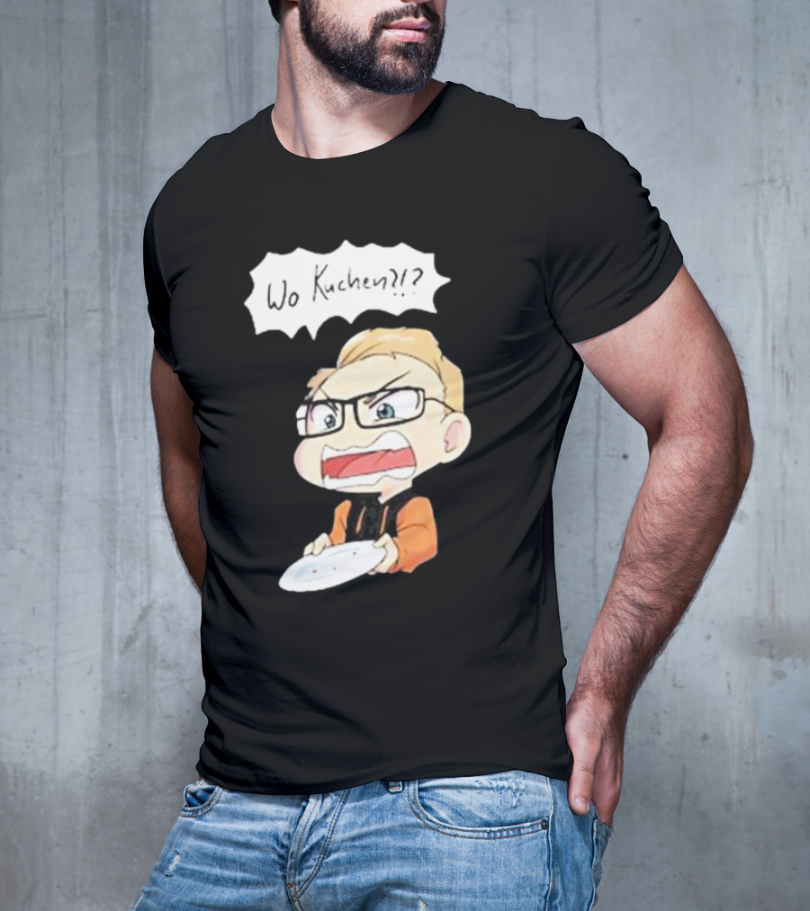 Wo Kuchen?? Cartoon Character With Glasses And Empty Plate T-Shirt