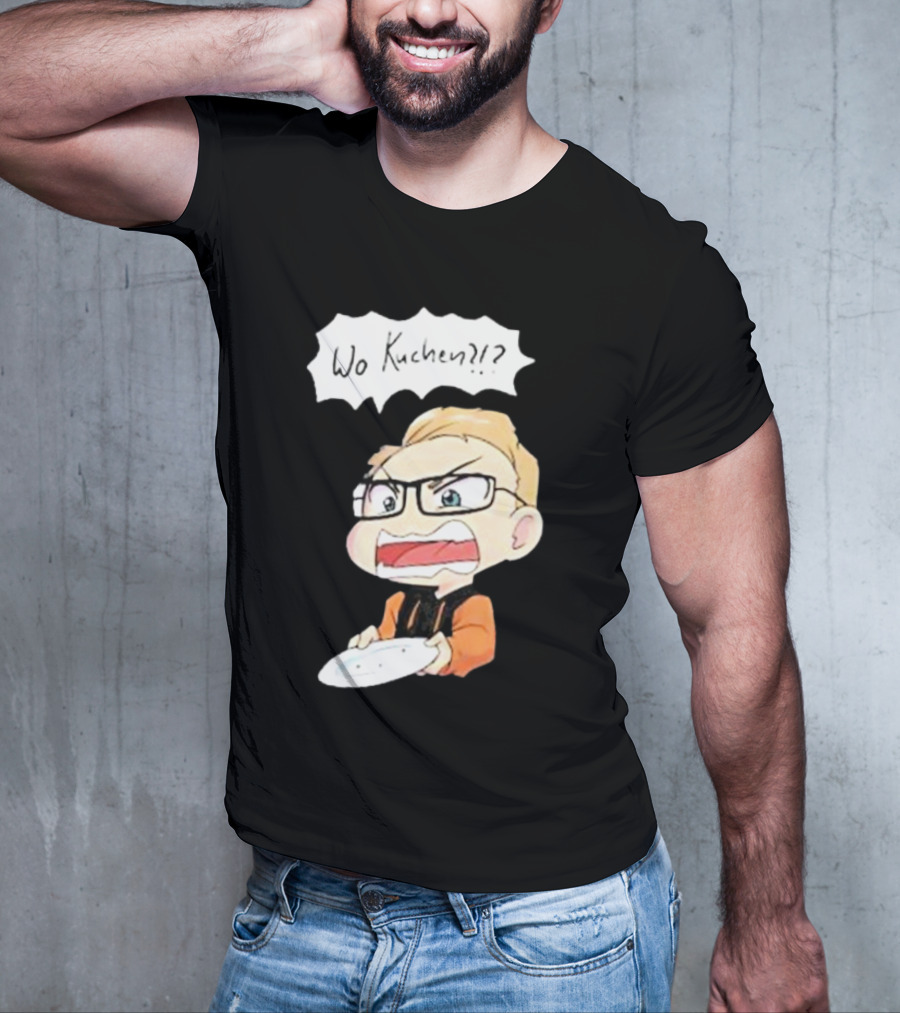 Wo Kuchen?? Cartoon Character With Glasses And Empty Plate T-Shirt