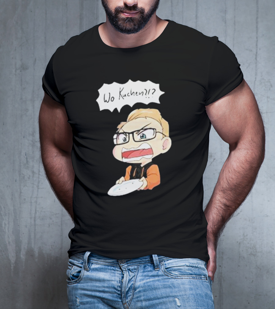 Wo Kuchen?? Cartoon Character With Glasses And Empty Plate T-Shirt