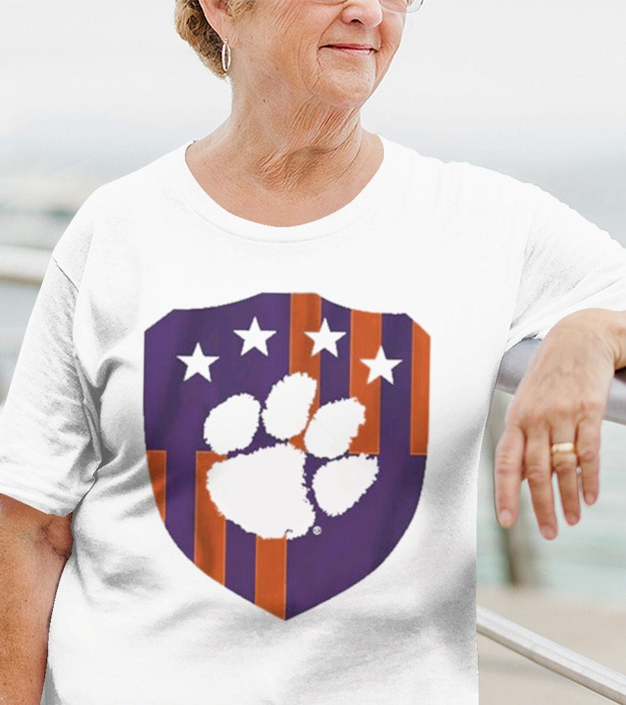 Clemson United Paw Print Shield With Four Stars Orange And Purple T-Shirt