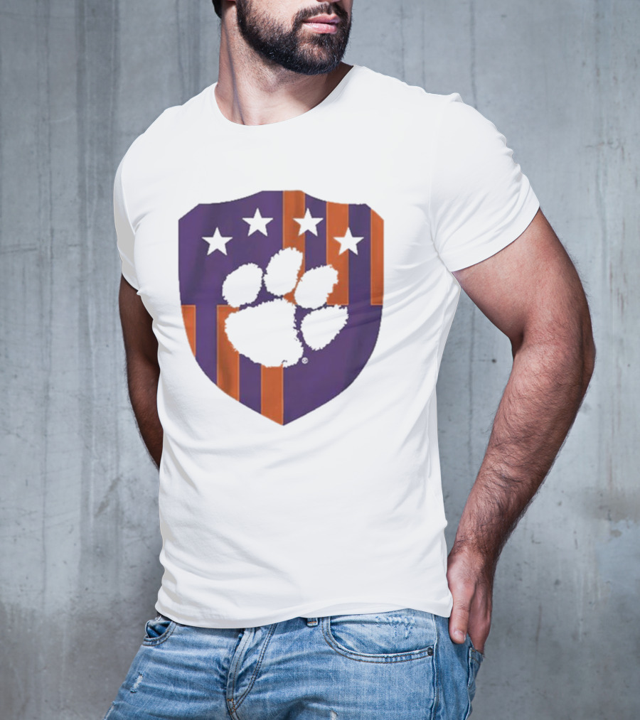 Clemson United Paw Print Shield With Four Stars Orange And Purple T-Shirt
