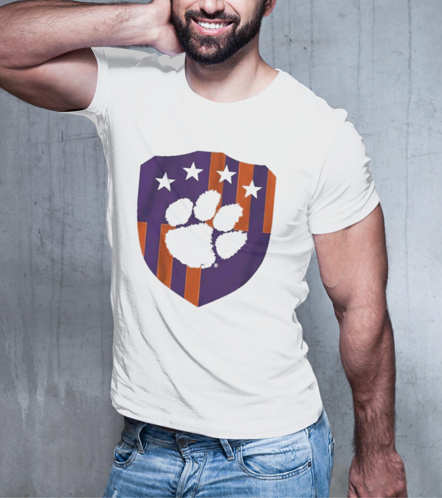 Clemson United Paw Print Shield With Four Stars Orange And Purple T-Shirt