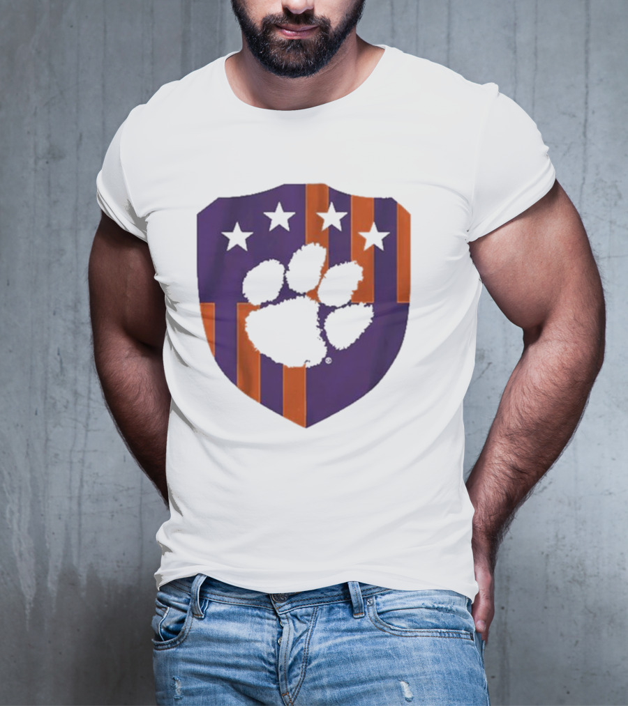 Clemson United Paw Print Shield With Four Stars Orange And Purple T-Shirt