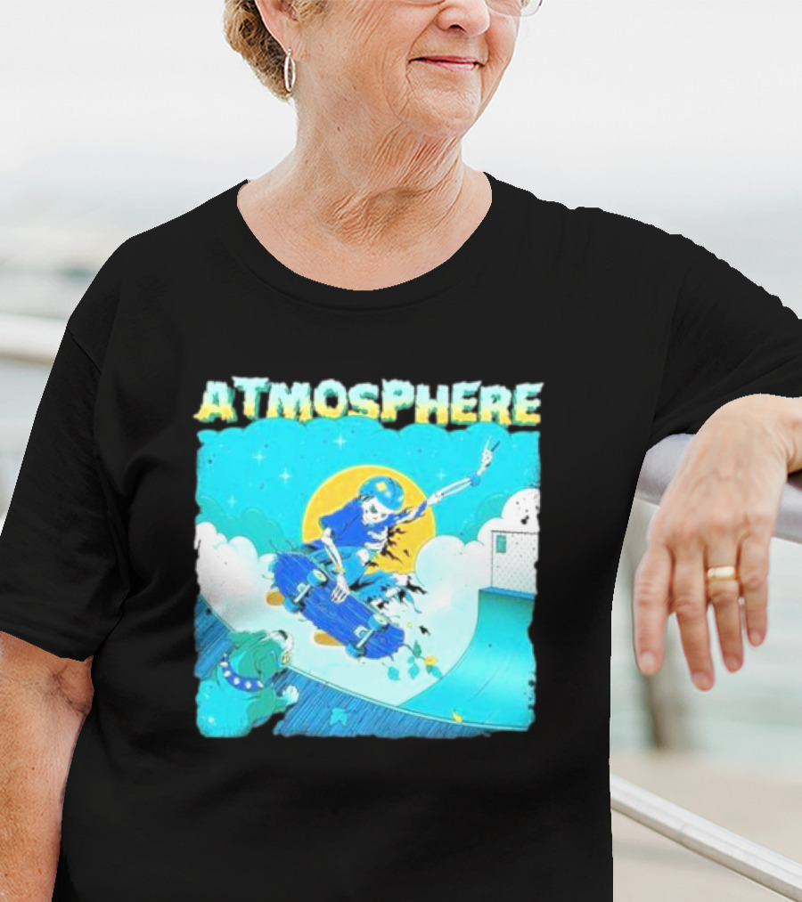 ATMOSPHERE Skateboarding Skeleton Dog Ramp Peace Sign T-Shirt