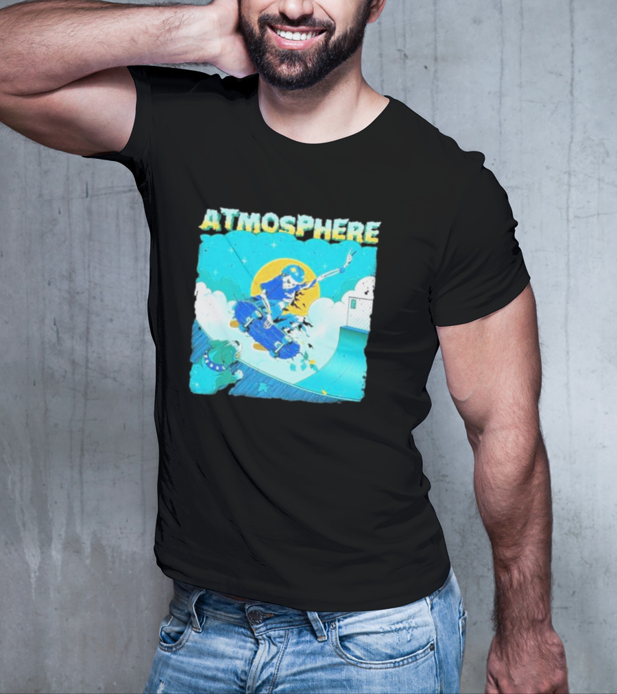 ATMOSPHERE Skateboarding Skeleton Dog Ramp Peace Sign T-Shirt