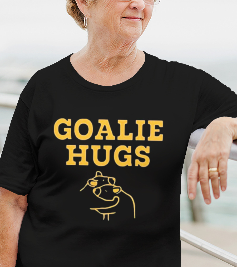 Boston Goalie Hugs Yellow Text With Embrace Outline T-Shirt
