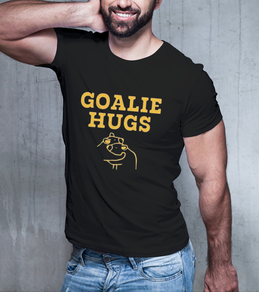 Boston Goalie Hugs Yellow Text With Embrace Outline T-Shirt