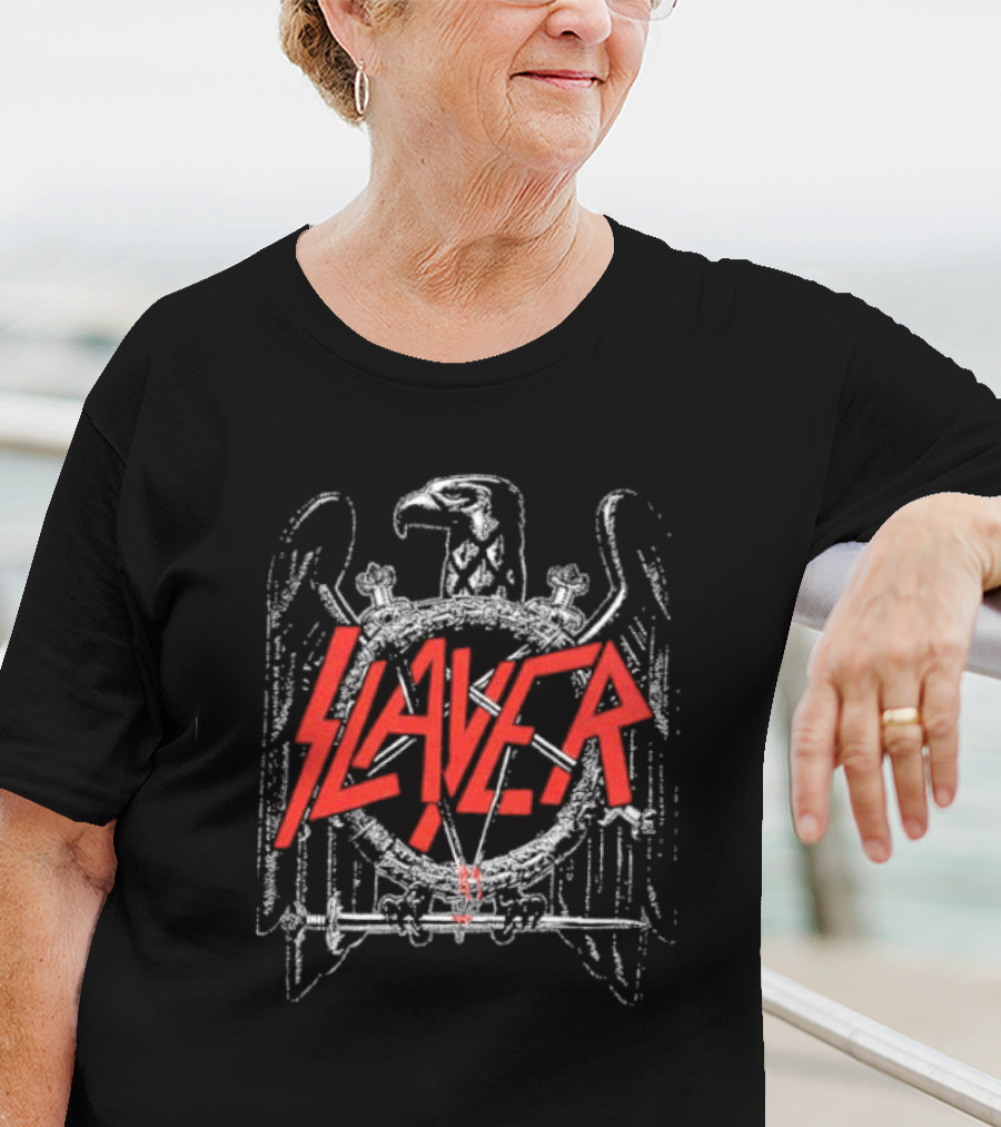 Slayer Black Eagle Logo With Red Text And Crossed Swords T-Shirt