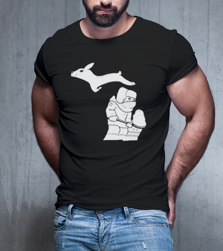 Michigan Winter Snow Shoveling And Leaping Deer T-Shirt