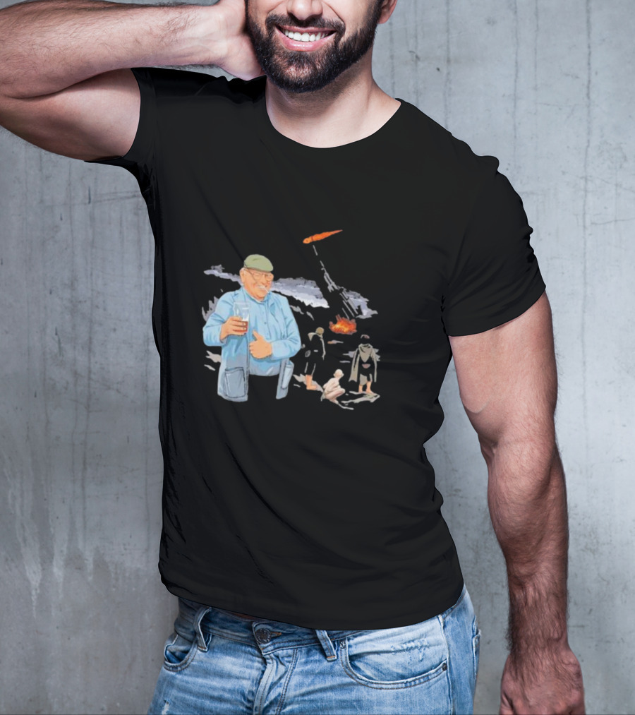 Dibnah Versus Sauron Gandalf, Hobbits, And Industrial Chimney In Middle-earth Scene T-Shirt