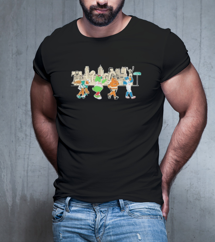 Philly Sports Team Mascot Parade Against City Skyline T-Shirt