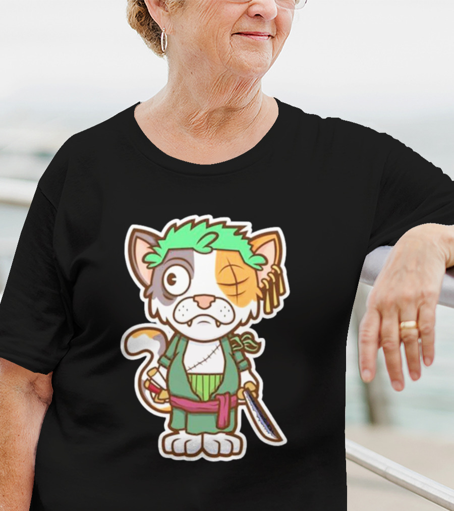 Roronoa Lingling Cat Pirate Anime Character Sword Green Hair Eye Patch T-Shirt