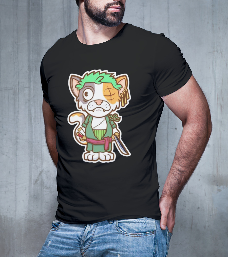 Roronoa Lingling Cat Pirate Anime Character Sword Green Hair Eye Patch T-Shirt