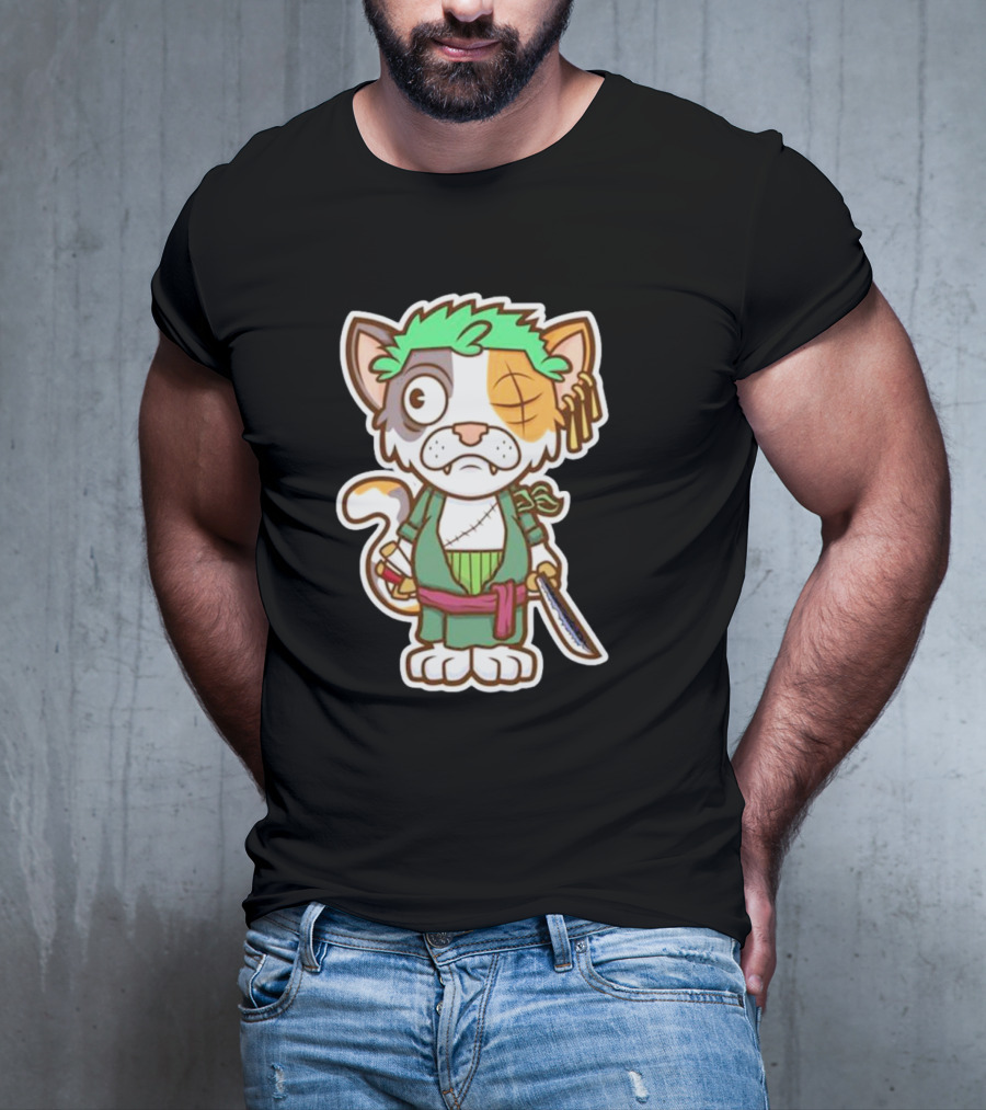Roronoa Lingling Cat Pirate Anime Character Sword Green Hair Eye Patch T-Shirt