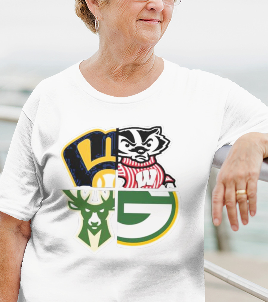 Milwaukee Brewers Packers Badgers Bucks Wisconsin Sports Quad T-Shirt