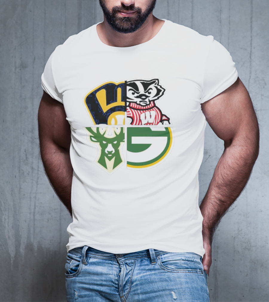 Milwaukee Brewers Packers Badgers Bucks Wisconsin Sports Quad T-Shirt