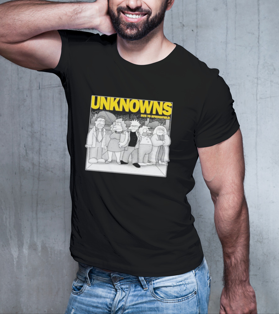 Unknowns Bus To Springfield Cartoon Characters In Black And White Scene T-Shirt