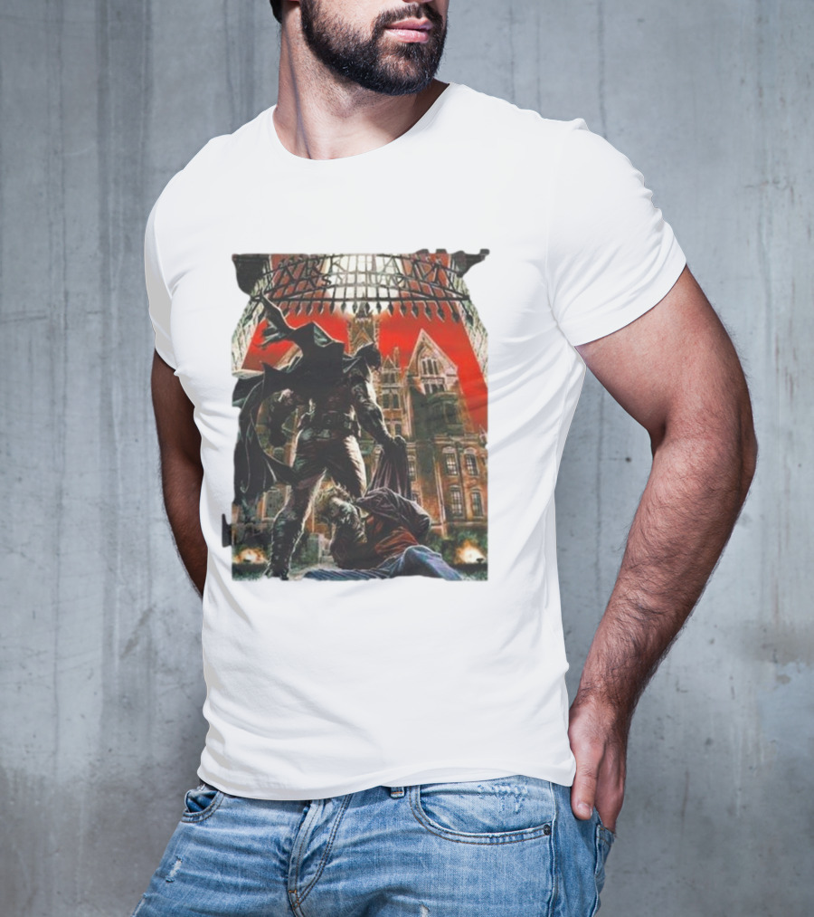 Batman Arkham Asylum Gothic Gate Dynamic Red Background Scene T-Shirt