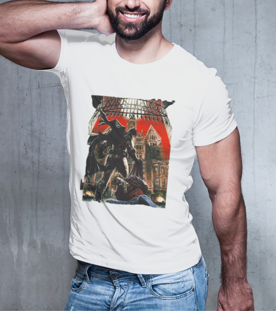 Batman Arkham Asylum Gothic Gate Dynamic Red Background Scene T-Shirt