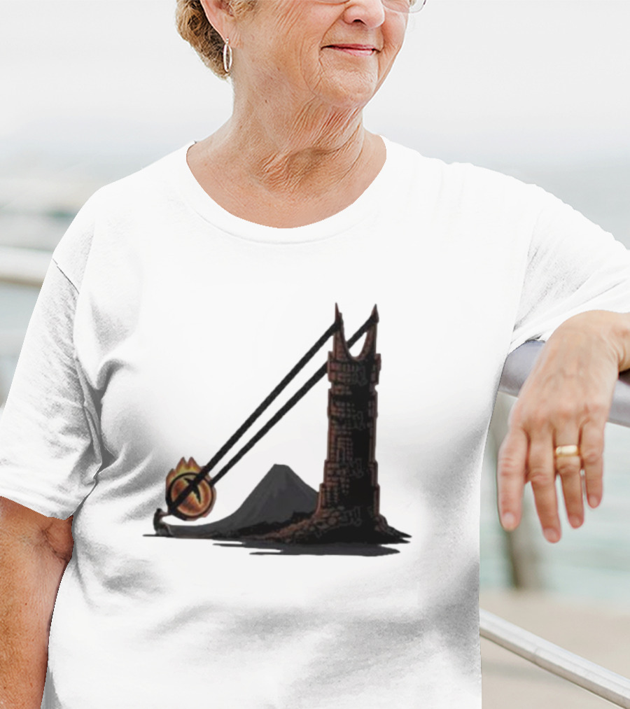 Dark Slingshot Eye Tower With Mountain In Background T-Shirt